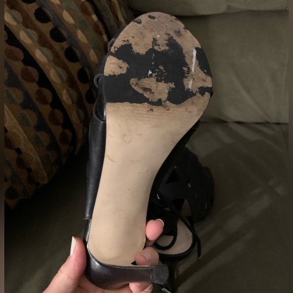 GUESS Black Leather SHOES Sandals 8.5 Stiletto Heel, Open Toe, Back Lace-up - Picture 9 of 12